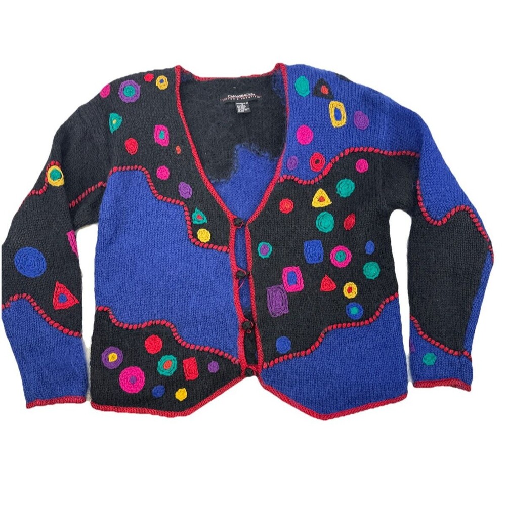 Canvasbacks Cardigan Sweater Blue Black Vintage Mohair Blend Oversized Small‎
